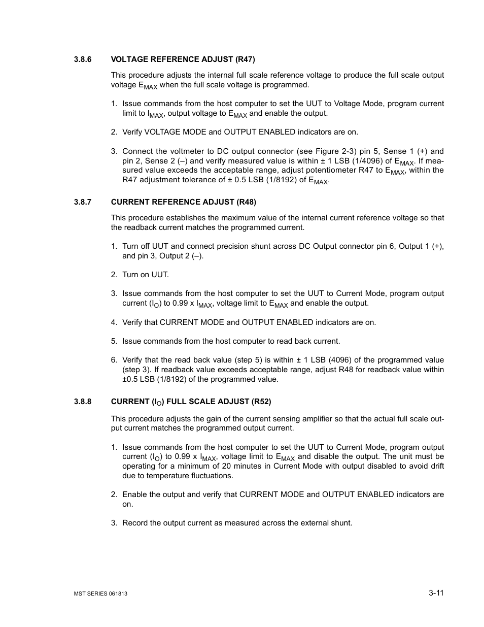 6 voltage reference adjust (r47), 7 current reference adjust (r48), 8 current (io) full scale adjust (r52) | Voltage reference adjust (r47) -11, Current reference adjust (r48) -11, Current (i | KEPCO MST Series User Manual | Page 43 / 44