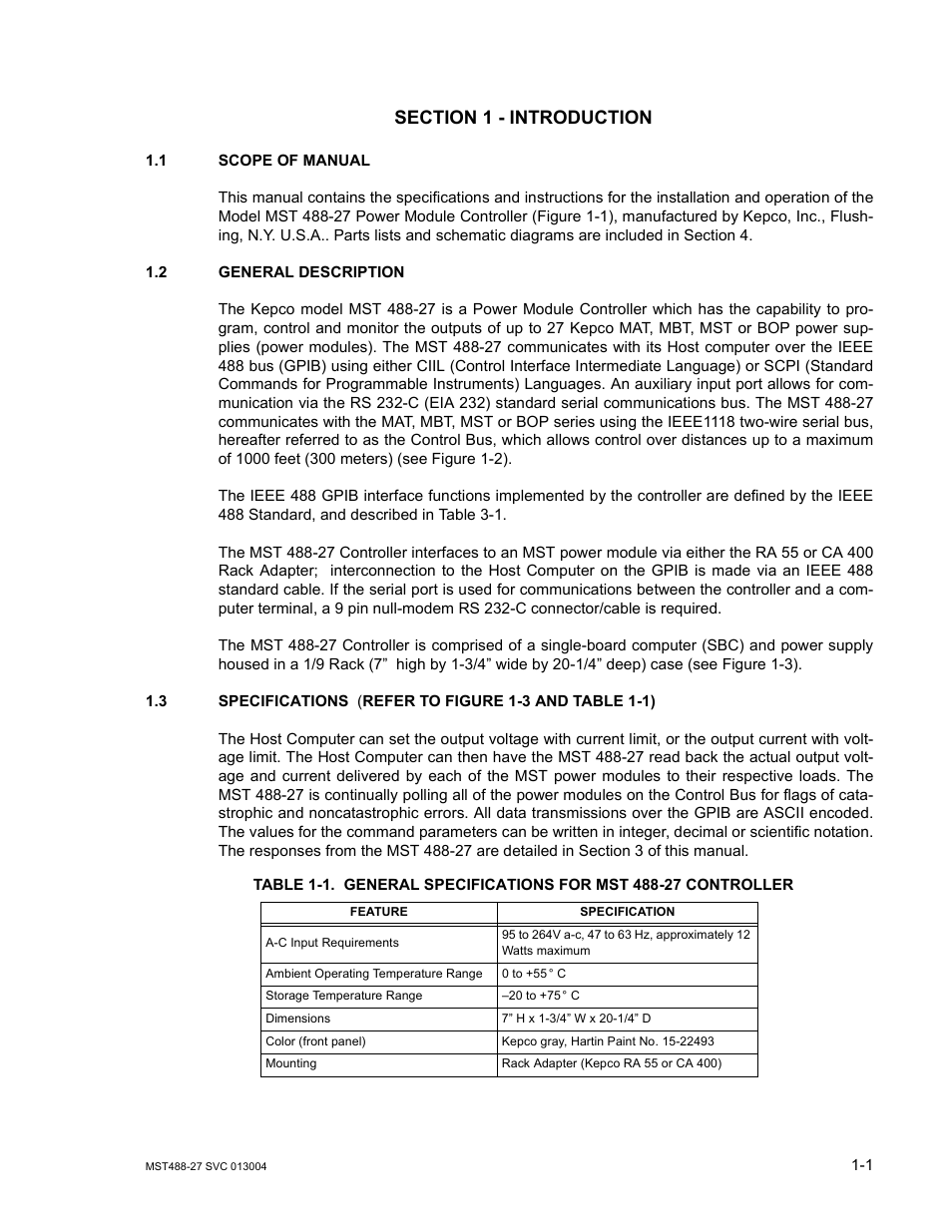 Section 1 - introduction, 1 scope of manual, 2 general description | 3 specifications, Scope of manual -1, General description -1, Specifications -1 | KEPCO MST 488 Programmer User Manual | Page 15 / 68