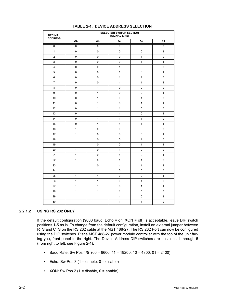 Table 2-1. device address selection, 2 using rs 232 only, Using rs 232 only -2 | Device address selection -2 | KEPCO MST 488 Programmer User Manual | Page 20 / 68
