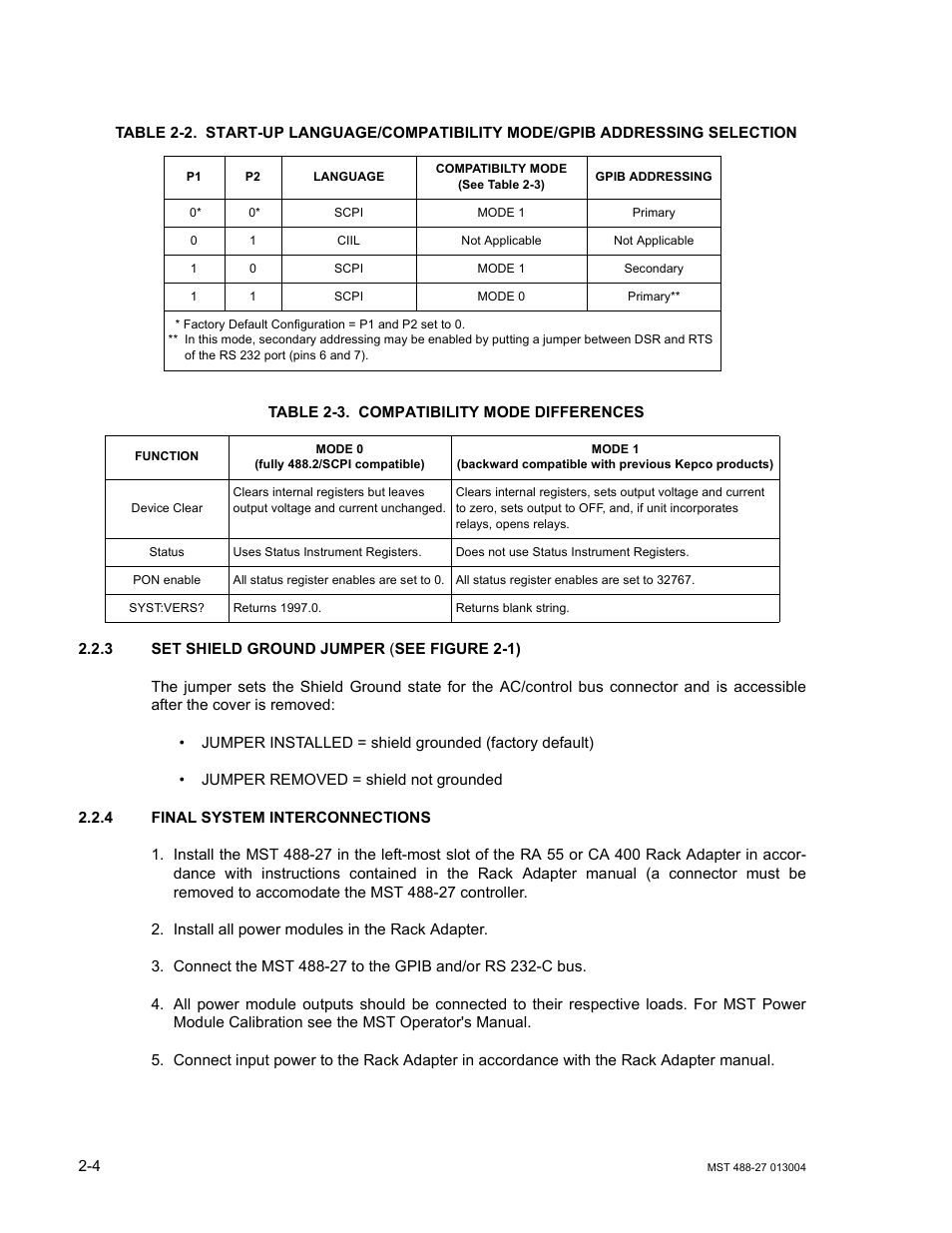 Table 2-3. compatibility mode differences, 3 set shield ground jumper, 4 final system interconnections | Set shield ground jumper -4, Final system interconnections -4, Compatibility mode differences -4, Ar. 2.2.3, E 2-2 a, E 2-2, E 2-3 | KEPCO MST 488 Programmer User Manual | Page 22 / 68