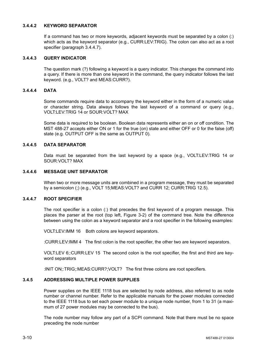 2 keyword separator, 3 query indicator, 4 data | 5 data separator, 6 message unit separator, 7 root specifier, 5 addressing multiple power supplies, Keyword separator -10, Query indicator -10, Data -10 | KEPCO MST 488 Programmer User Manual | Page 36 / 68