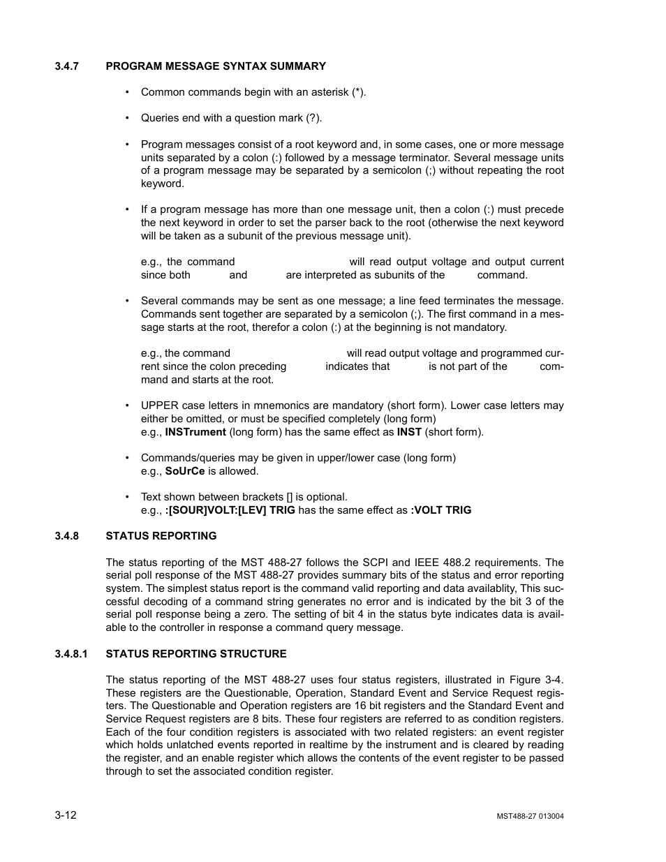 7 program message syntax summary, 8 status reporting, 1 status reporting structure | Program message syntax summary -12, Status reporting -12, Status reporting structure -12 | KEPCO MST 488 Programmer User Manual | Page 38 / 68