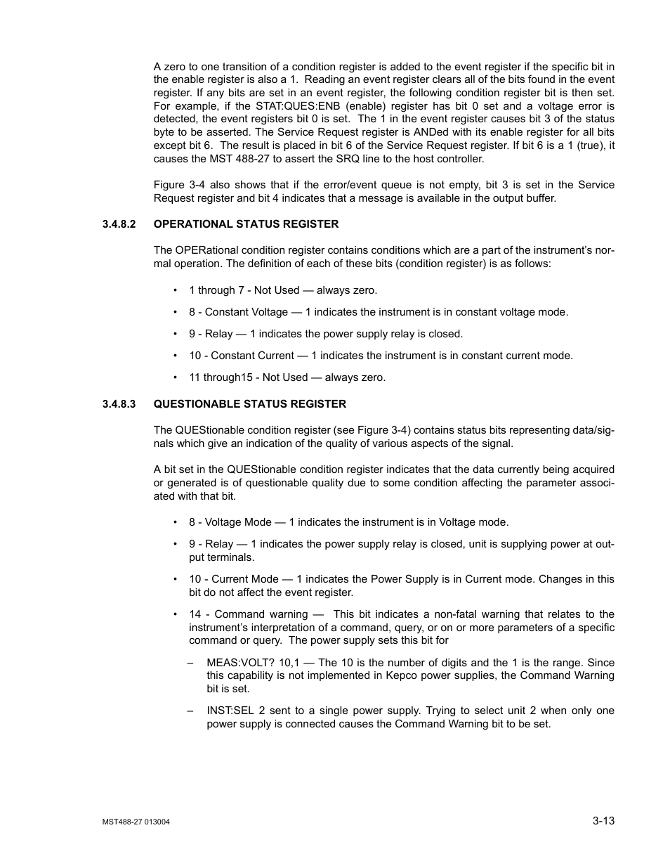 2 operational status register, 3 questionable status register, Operational status register -13 | Questionable status register -13 | KEPCO MST 488 Programmer User Manual | Page 39 / 68