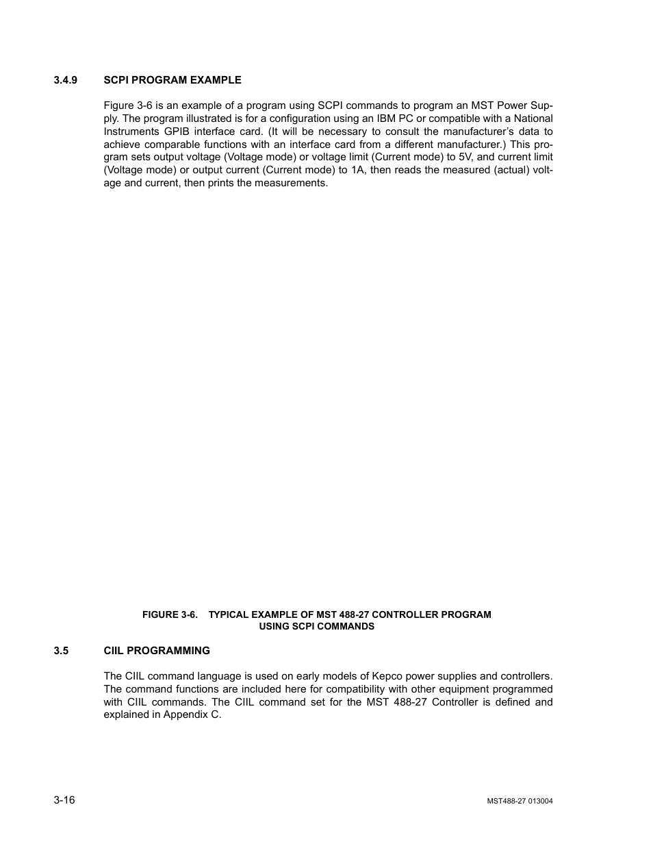 9 scpi program example, 5 ciil programming, Scpi program example -16 | Ciil programming -16 | KEPCO MST 488 Programmer User Manual | Page 42 / 68