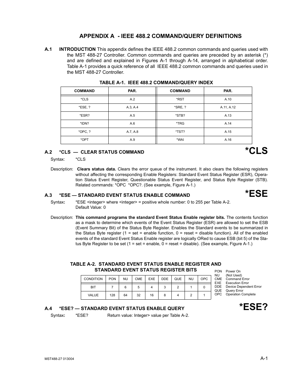Appendix a - ieee 488.2 command/query definitions, A.1 introduction, Table a-1. ieee 488.2 command/query index | A.2 *cls — clear status command, A.3 *ese — standard event status enable command, A.4 *ese? — standard event status enable query | KEPCO MST 488 Programmer User Manual | Page 43 / 68