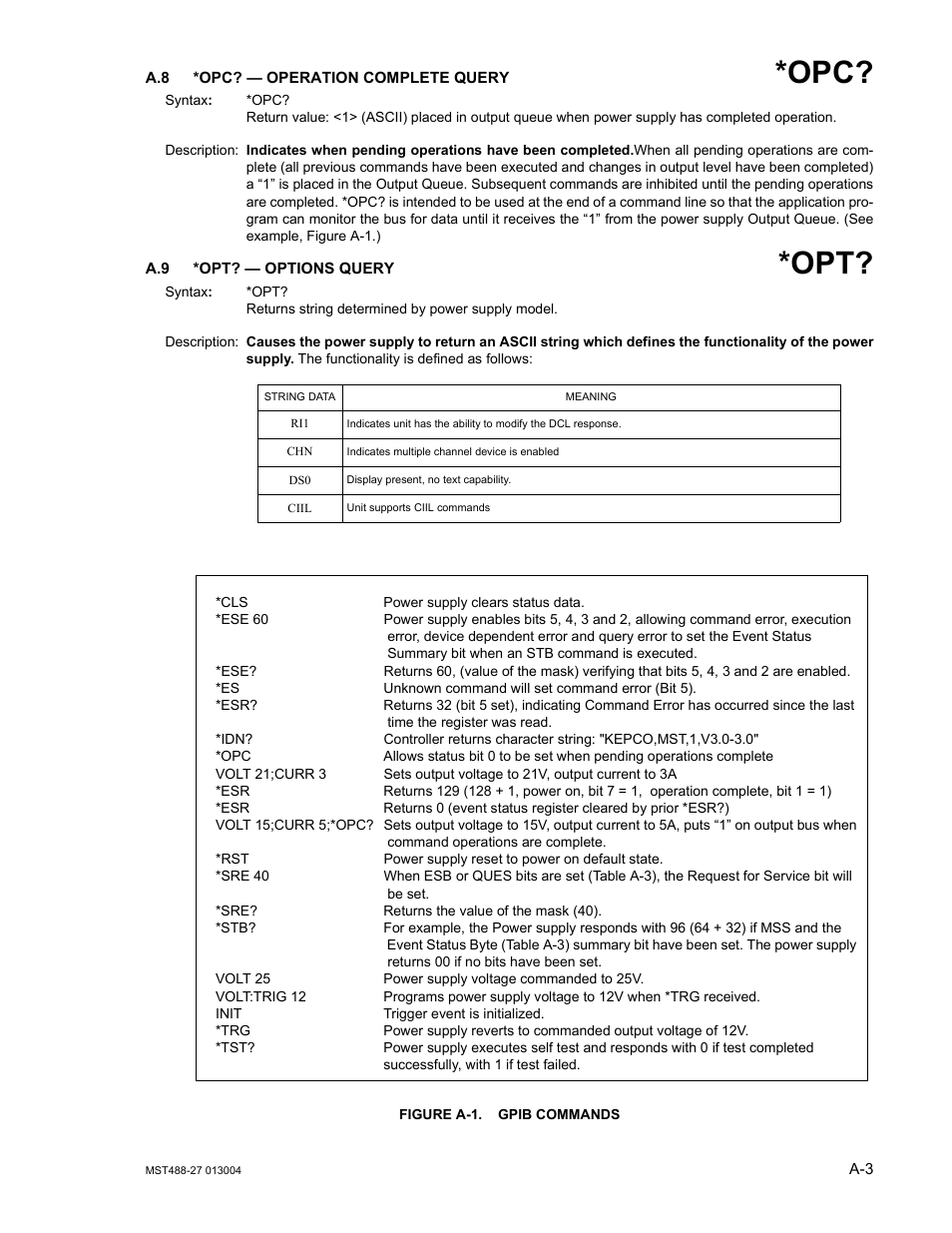 A.8 *opc? — operation complete query, A.9 *opt? — options query, Figure a-1. gpib commands | A-1.), Re a-1, Re a-1.) | KEPCO MST 488 Programmer User Manual | Page 45 / 68