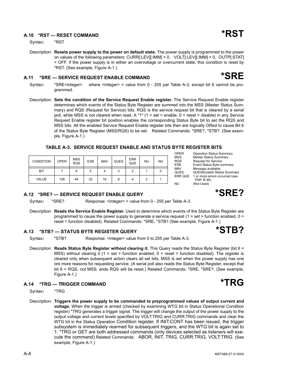 A.10 *rst — reset command, A.11 *sre — service request enable command, A.12 *sre? — service request enable query | A.13 *stb? — status byte register query, A.14 *trg — trigger command, A.10, A.11, A.12, A.13, A.14 | KEPCO MST 488 Programmer User Manual | Page 46 / 68