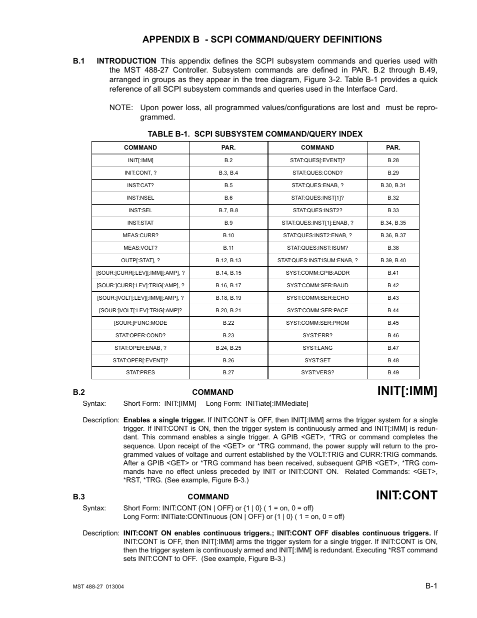 Appendix b - scpi command/query definitions, B.1 introduction, Table b-1. scpi subsystem command/query index | B.2 initiate[:immediate] command, B.3 initiate:continuous command, Init[:imm, Init:cont, Command | KEPCO MST 488 Programmer User Manual | Page 49 / 68