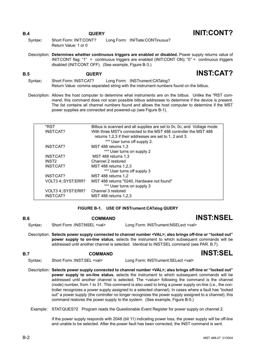 B.4 initiate:continuous query, B.5 instrument:catalog query, Figure b-1. use of instrument:catalog query | B.6 instrument[:nselect] command, B.7 instrument[:select] command, Use of inst ru, Init:cont, Inst:cat, Inst:nsel, Inst:sel | KEPCO MST 488 Programmer User Manual | Page 50 / 68