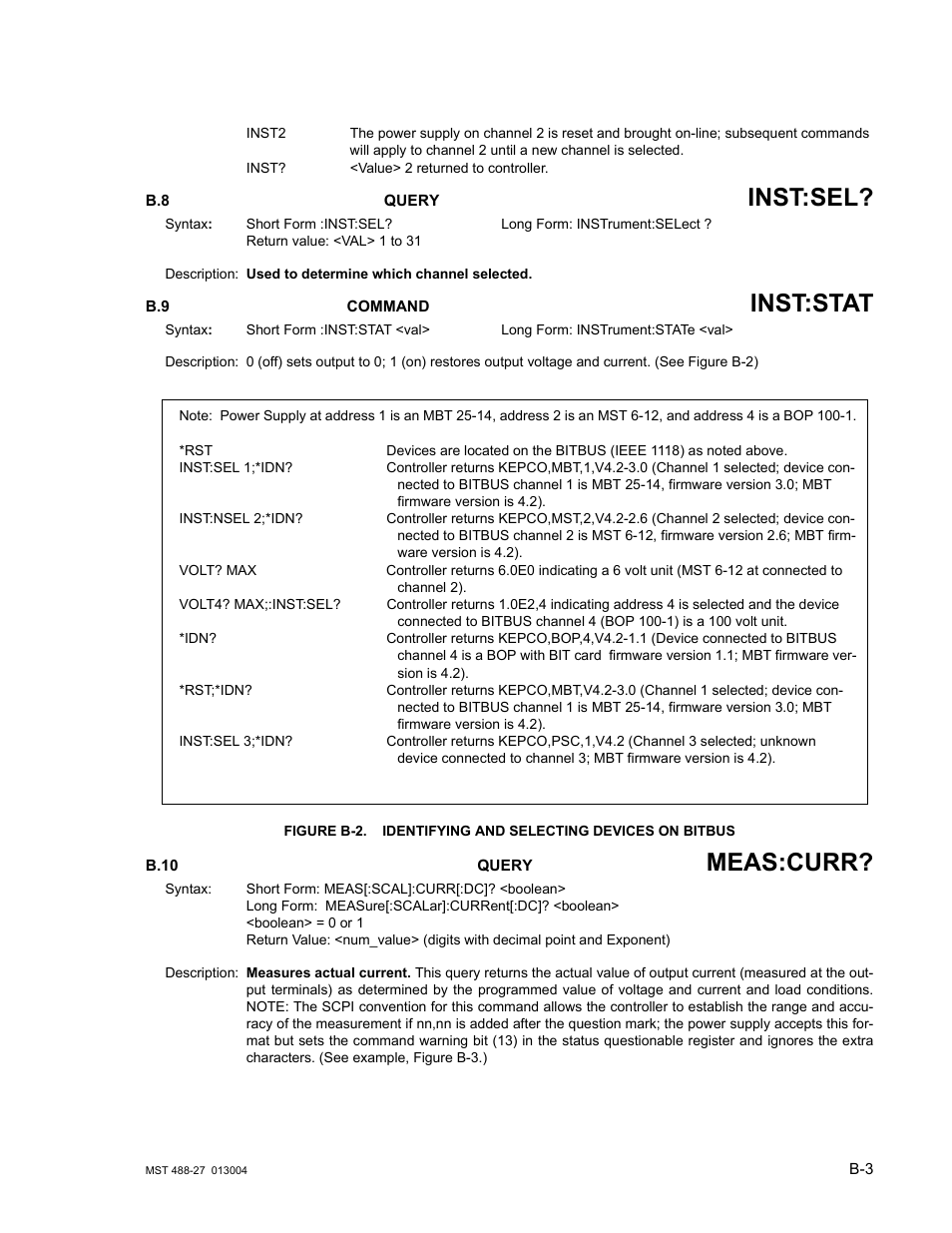 B.8 instrument[:select]? query, B.9 instrument:state command, B.10 measure[:scalar]:current[:dc]? query | B.10, Re b-2 s, Inst:sel, Inst:stat, Meas:curr | KEPCO MST 488 Programmer User Manual | Page 51 / 68
