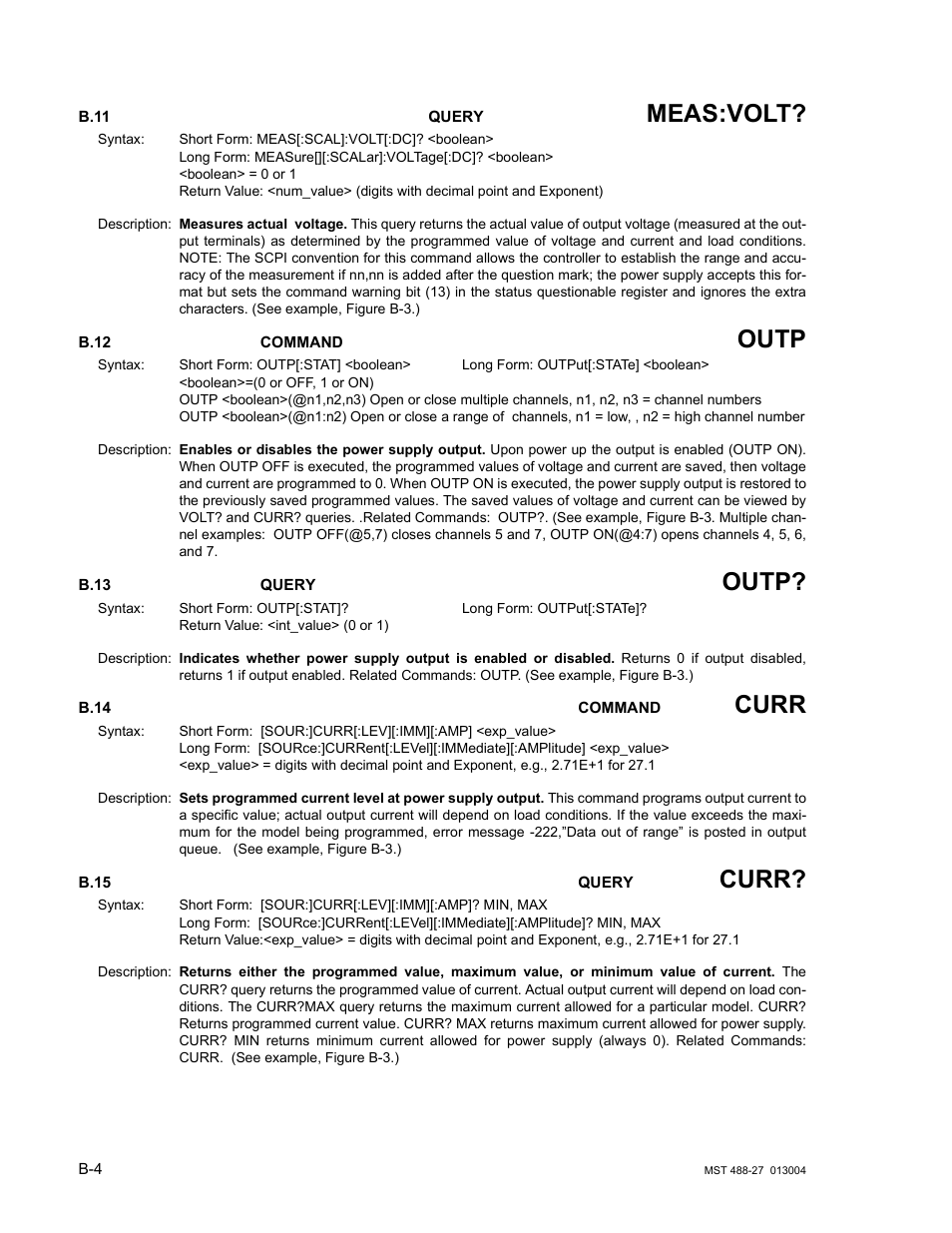 B.11 measure[:voltage][:scalar][:dc]? query, B.12 output[:state] command, B.13 output[:state] query | B.11, B.12, B.13, B.14, B.15, B.12, b.13, Meas:volt | KEPCO MST 488 Programmer User Manual | Page 52 / 68