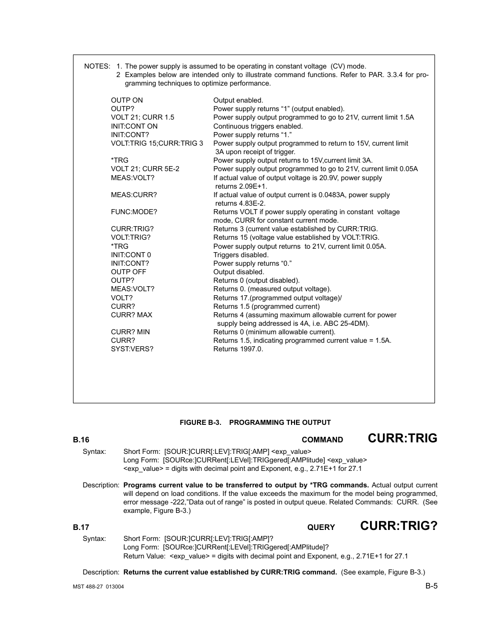 Figure b-3. programming the output, B.16, B.17 | Re b-3, B.16, b.17, Curr:trig | KEPCO MST 488 Programmer User Manual | Page 53 / 68