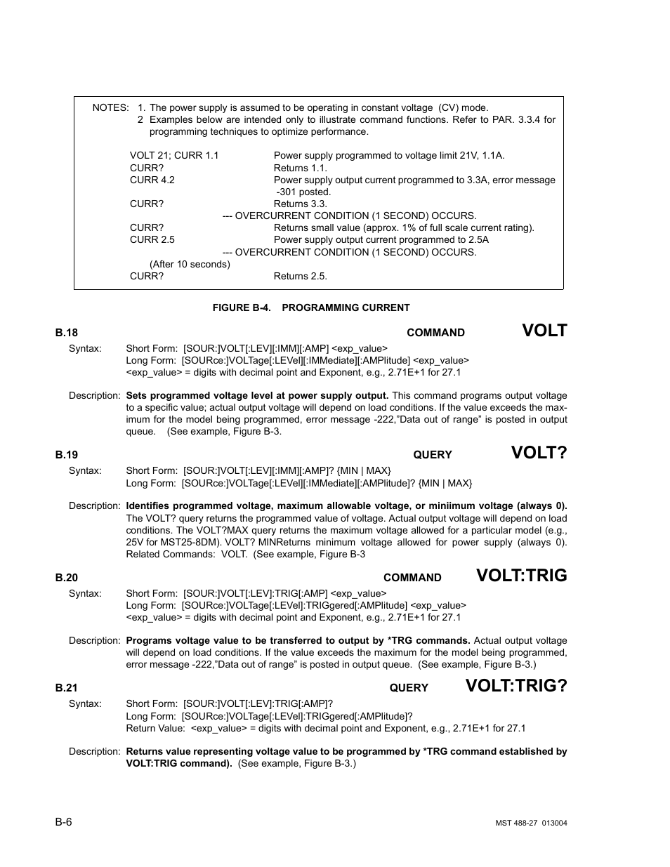 Figure b-4. programming current, B.18, B.19 | B.20, B.21, B.18, b.19, B.20, b.21, Volt, Volt:trig | KEPCO MST 488 Programmer User Manual | Page 54 / 68