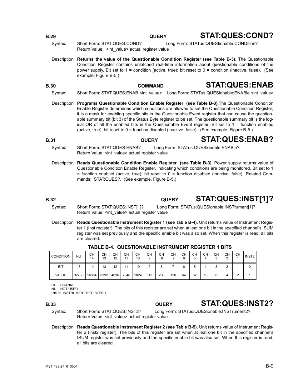 B.29 status:questionable:condition? query, B.30 status:questionable:enable command, B.31 status:questionable:enable? query | B.32 status:questionable:instrument[1]? query, Table b-4. questionable instrument register 1 bits, B.33 status:questionable:instrument2? query, B.29, B.30, B.31, B.32 | KEPCO MST 488 Programmer User Manual | Page 57 / 68