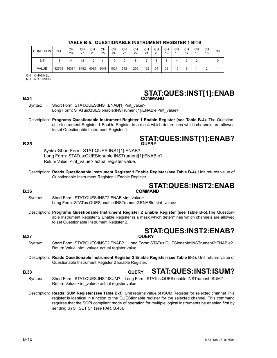 Table b-5. questionable instrument register 1 bits, B.37 status:questionable:instrument2:enable? query, B.38 status:questionable:instrument:isum query | B.34, B.35, B.36, Statu, B.37, B.38, Questionable instrument register 1 bits | KEPCO MST 488 Programmer User Manual | Page 58 / 68
