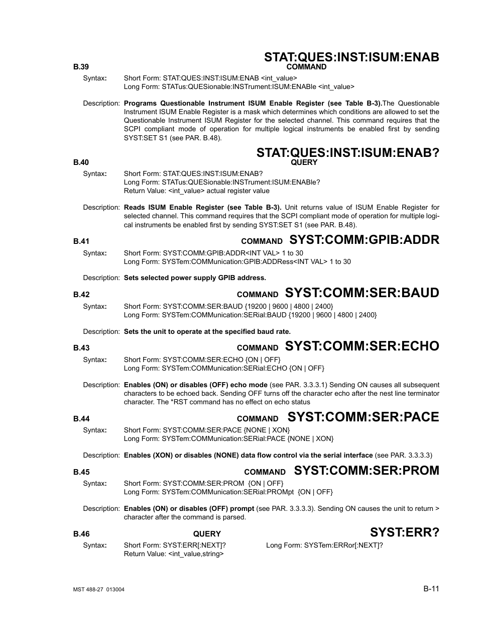 B.41 system:communication:gpib:address command, B.42 system:communication:serial:baud command, B.43 system:communication:serial:echo command | B.44 system:communication:serial:pace command, B.45 system:communication:serial:prompt command, B.46 system:error[:next]? query, B.39, Statu, B.40, B.41 | KEPCO MST 488 Programmer User Manual | Page 59 / 68