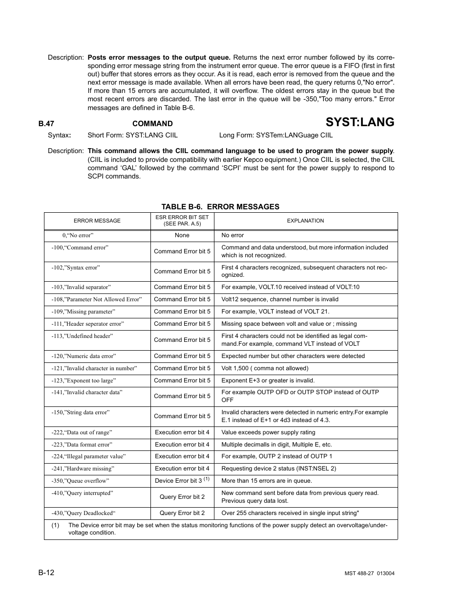 B.47 system:language command, Table b-6. error messages, B.47 | Syste, Syst:lang | KEPCO MST 488 Programmer User Manual | Page 60 / 68
