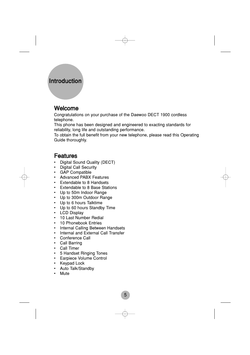 Iinnttrroodduuccttiioonn w weellccoom mee, Ffeeaattuurreess | Daewoo DECT 1900 User Manual | Page 5 / 13