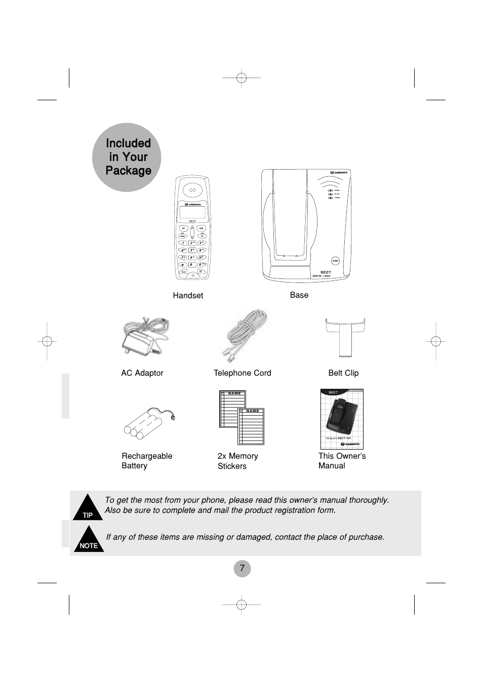 Iinncclluuddeedd iinn y yoouurr p paacckkaaggee | Daewoo DECT 1900 User Manual | Page 7 / 13