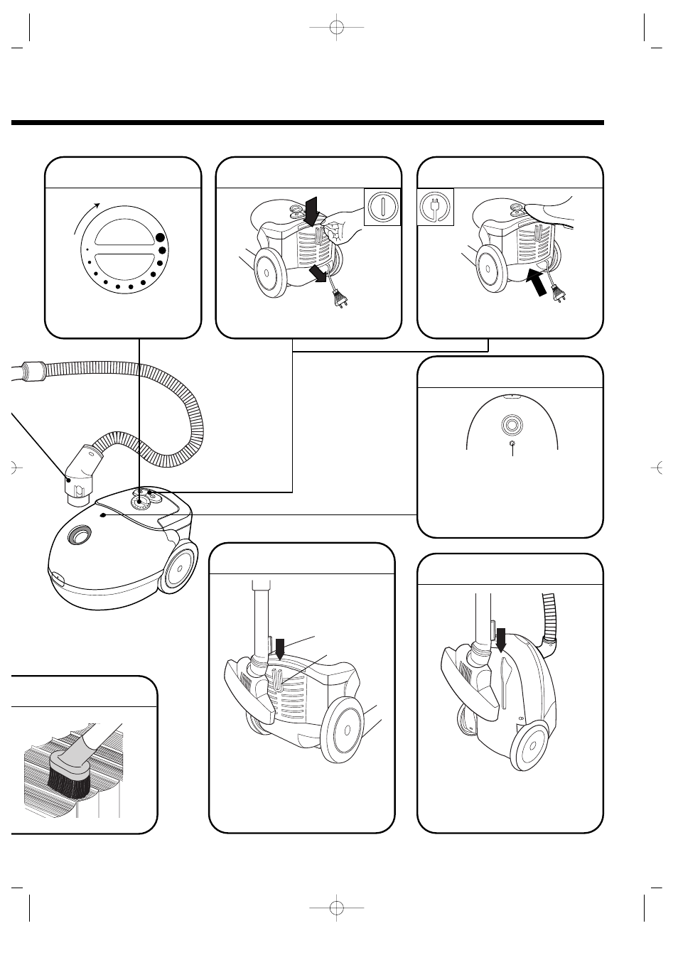 Practical parking, Storage, Dust meter | Cord rewind button, On/off switch, Dusting brush, Knob | Daewoo RC-350 User Manual | Page 3 / 6