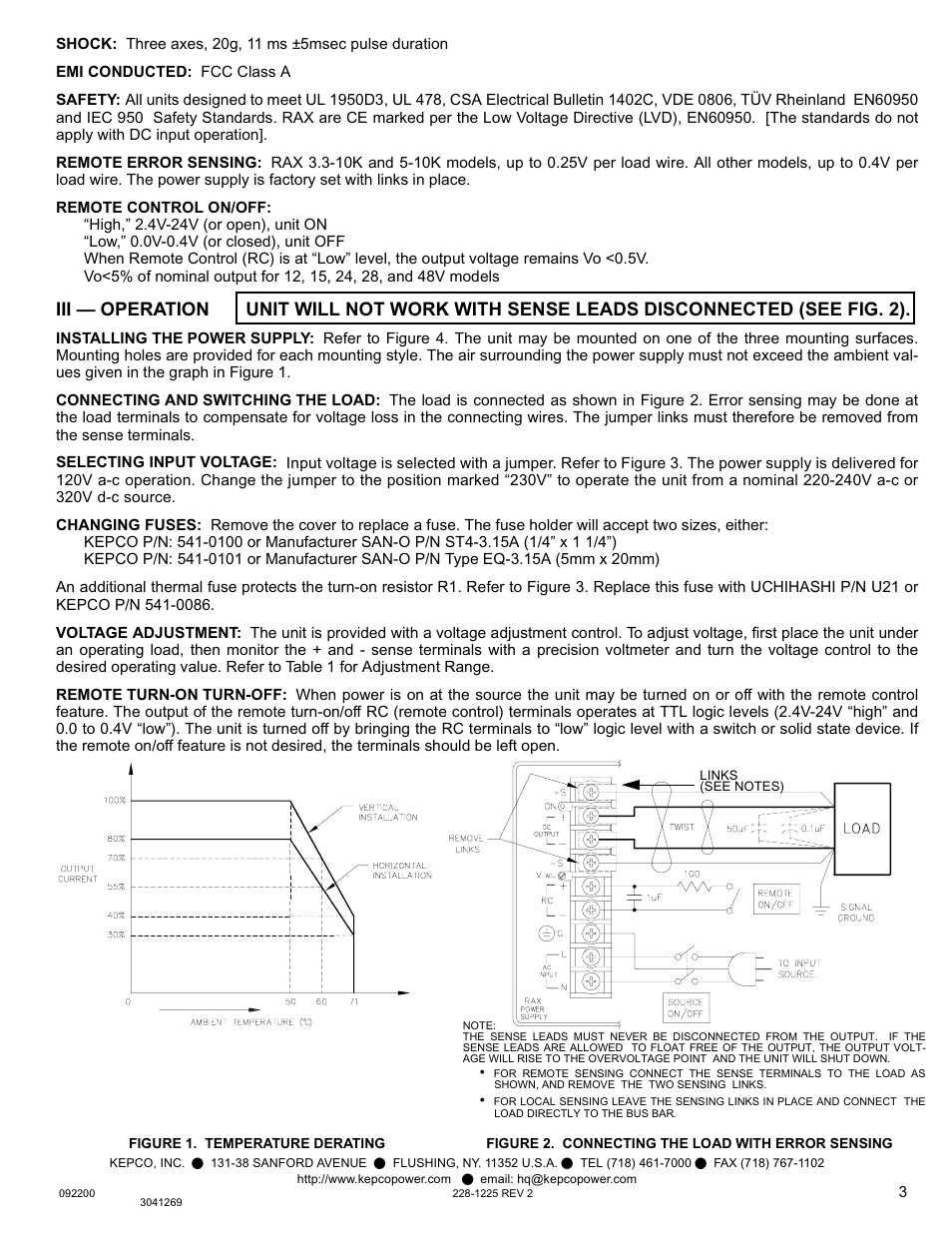 Figure 1. temperature derating, Figure 2. connecting the load with error sensing | KEPCO RAX 50W User Manual | Page 3 / 4