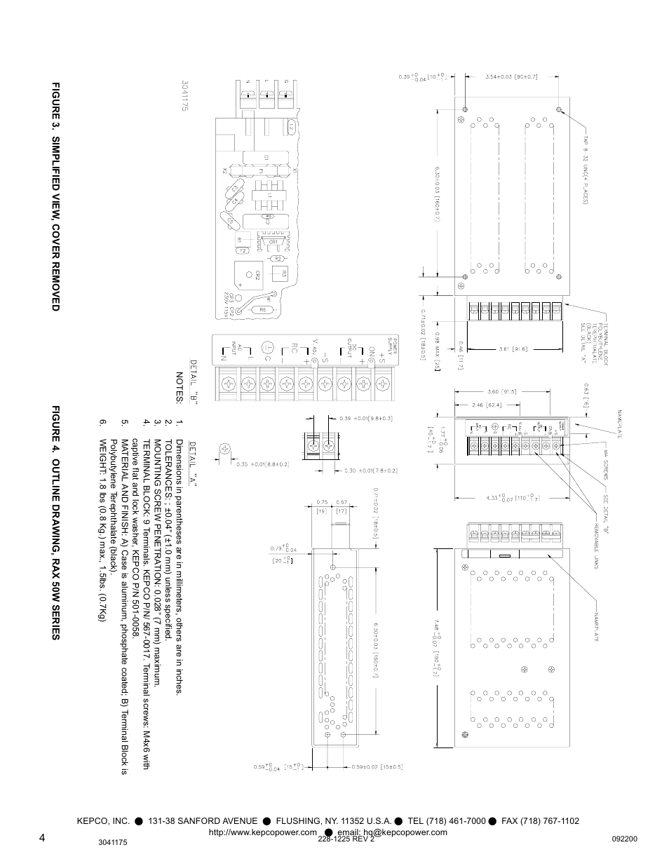 Figure 3. simplified view, cover removed, Figure 4. outline drawing, rax 50w series | KEPCO RAX 50W User Manual | Page 4 / 4