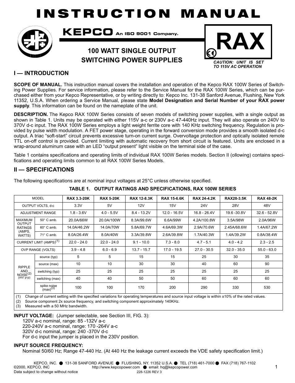 KEPCO RAX 100W User Manual | 4 pages