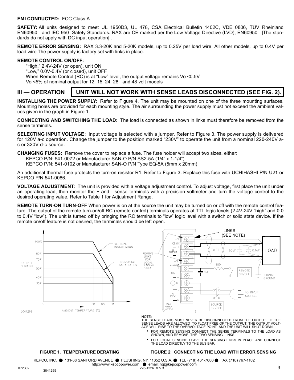 Figure 1. temperature derating, Figure 2. connecting the load with error sensing | KEPCO RAX 100W User Manual | Page 3 / 4