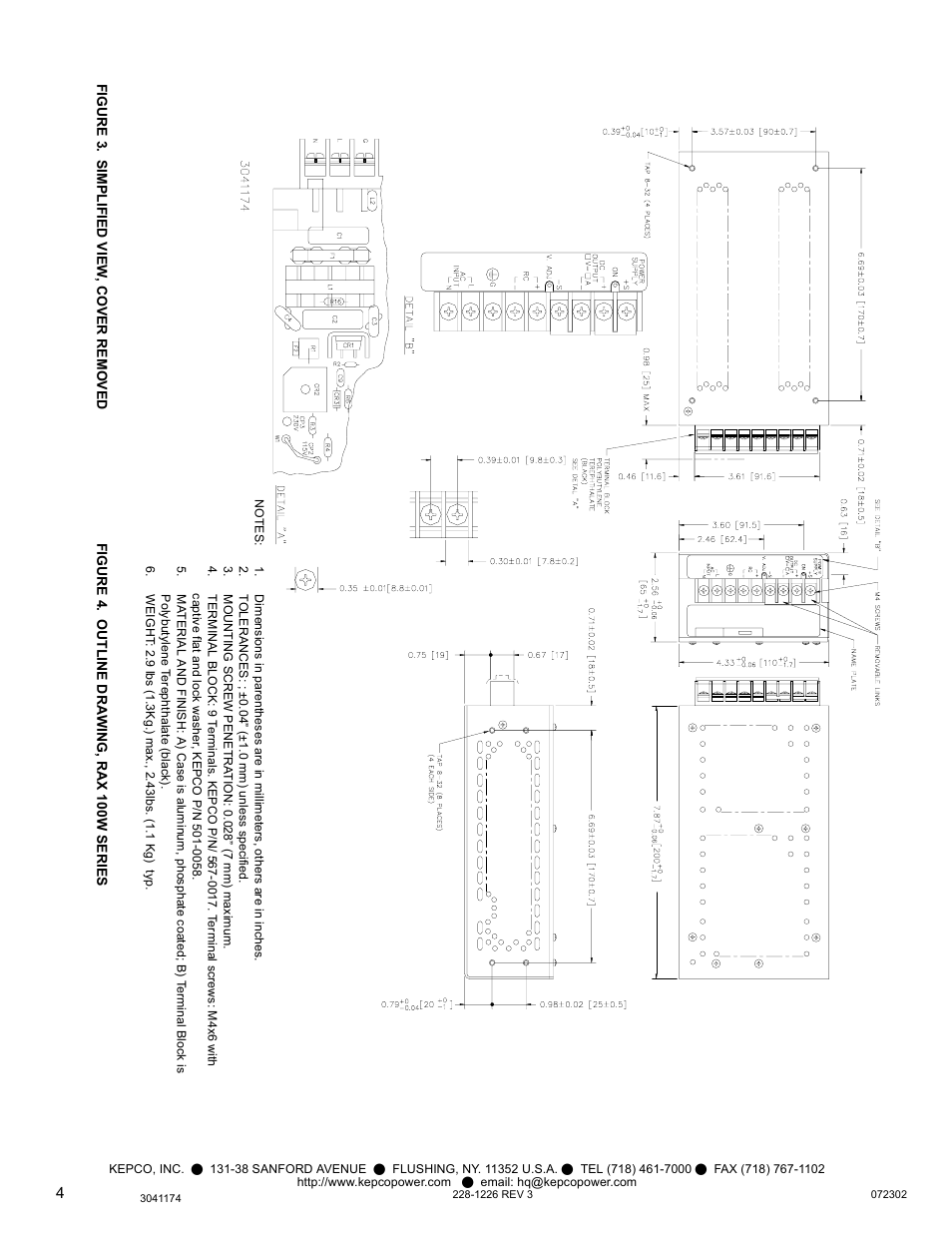 Figure 3. simplified view, cover removed, Figure 4. outline drawing, rax 100w series | KEPCO RAX 100W User Manual | Page 4 / 4