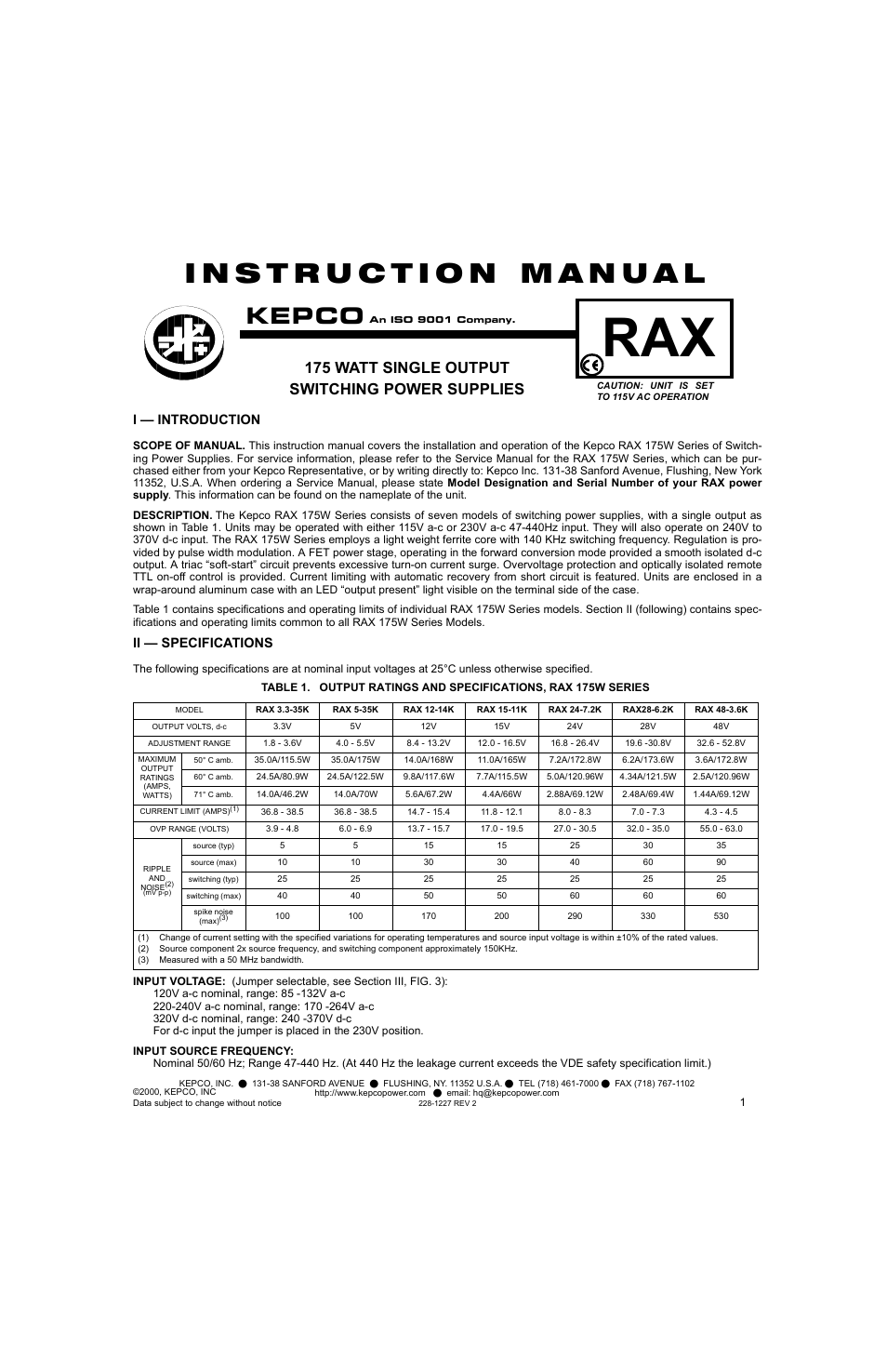 KEPCO RAX 175W User Manual | 4 pages