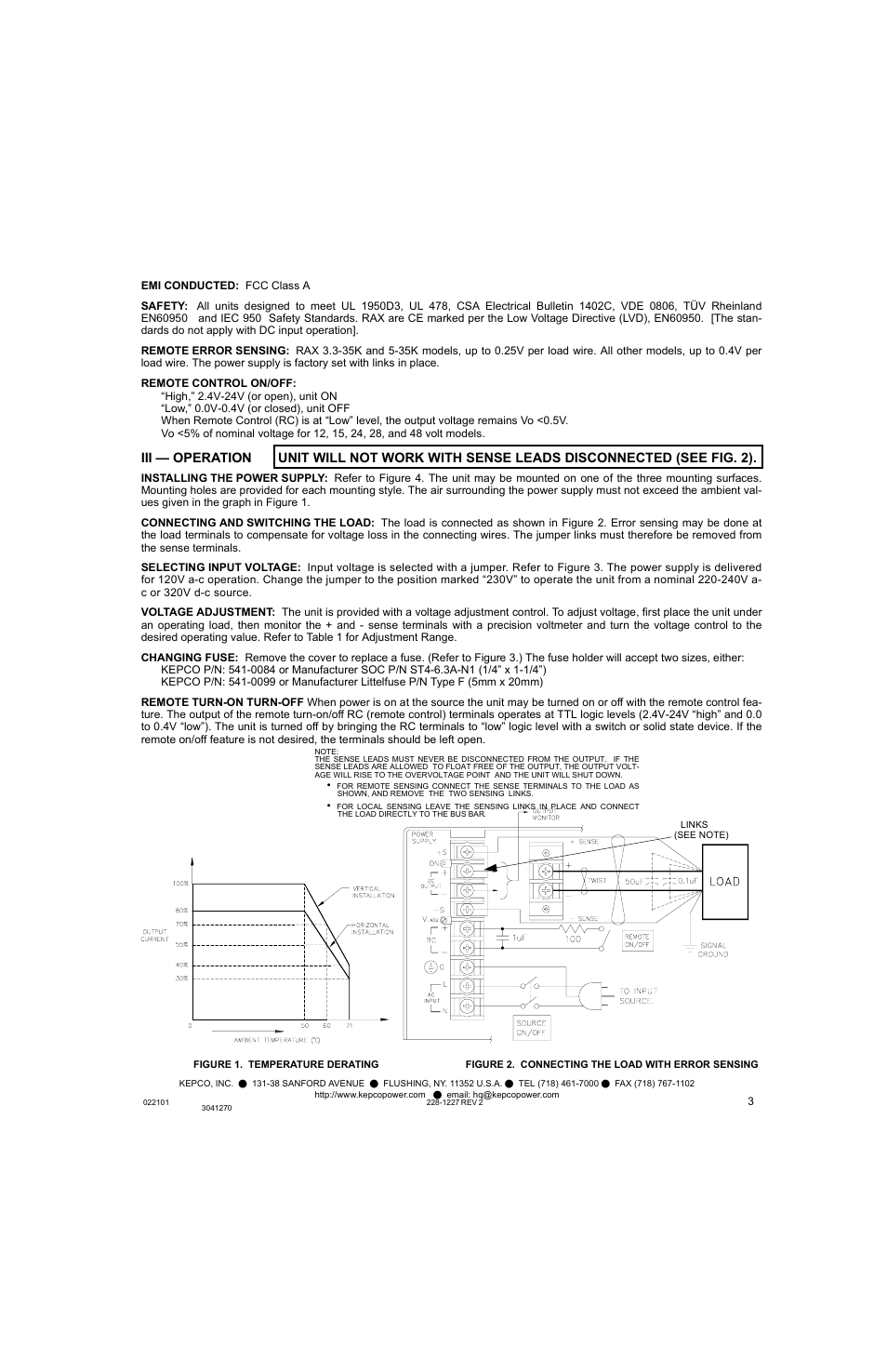 Figure 1. temperature derating, Figure 2. connecting the load with error sensing | KEPCO RAX 175W User Manual | Page 3 / 4