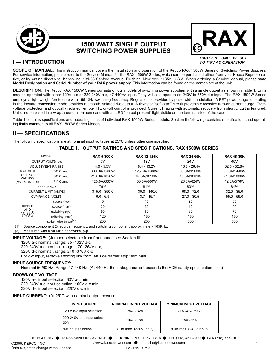 KEPCO RAX 1500W User Manual | 4 pages