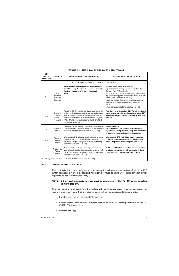 Table 2-2. rear panel dip switch functions, 1 independent operation, Independent operation -3 | Rear panel dip switch functions -3, Ar. 2.4.1), R. 2.4.1 (in | KEPCO RA 19-1U Operator Manual User Manual | Page 19 / 44