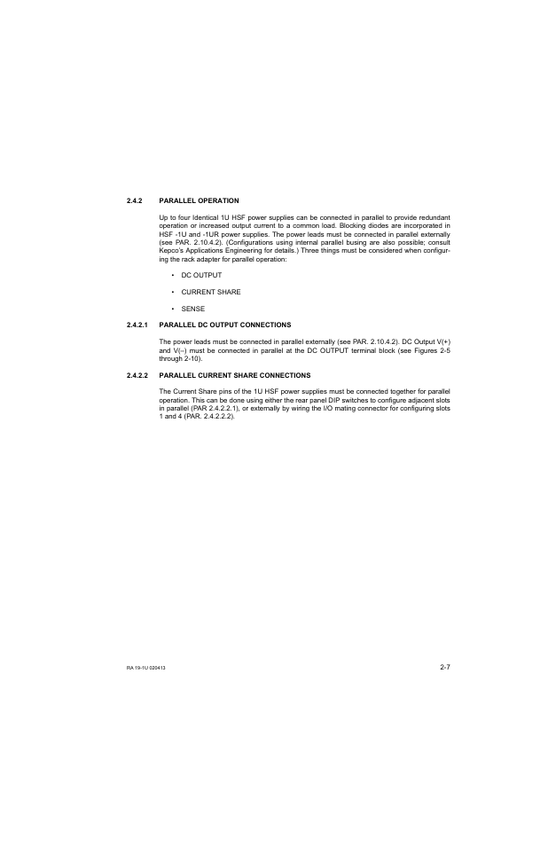 2 parallel operation, 1 parallel dc output connections, 2 parallel current share connections | Parallel operation -7, Parallel dc output connections -7, Parallel current share connections -7, 2, (p | KEPCO RA 19-1U Operator Manual User Manual | Page 23 / 44