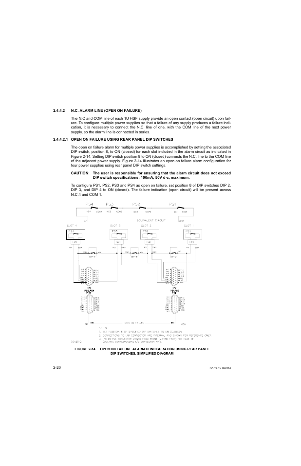 2 n.c. alarm line (open on failure), 1 open on failure using rear panel dip switches, N.c. alarm line (open on failure) -20 | Open on failure using rear panel dip switches -20 | KEPCO RA 19-1U Operator Manual User Manual | Page 36 / 44
