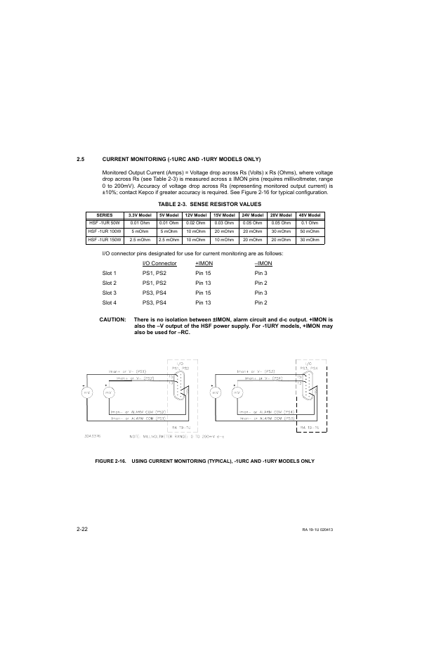 5 current monitoring (-1urc and -1ury models only), Table 2-3. sense resistor values, Sense resistor values -22 | R. 2.5) | KEPCO RA 19-1U Operator Manual User Manual | Page 38 / 44