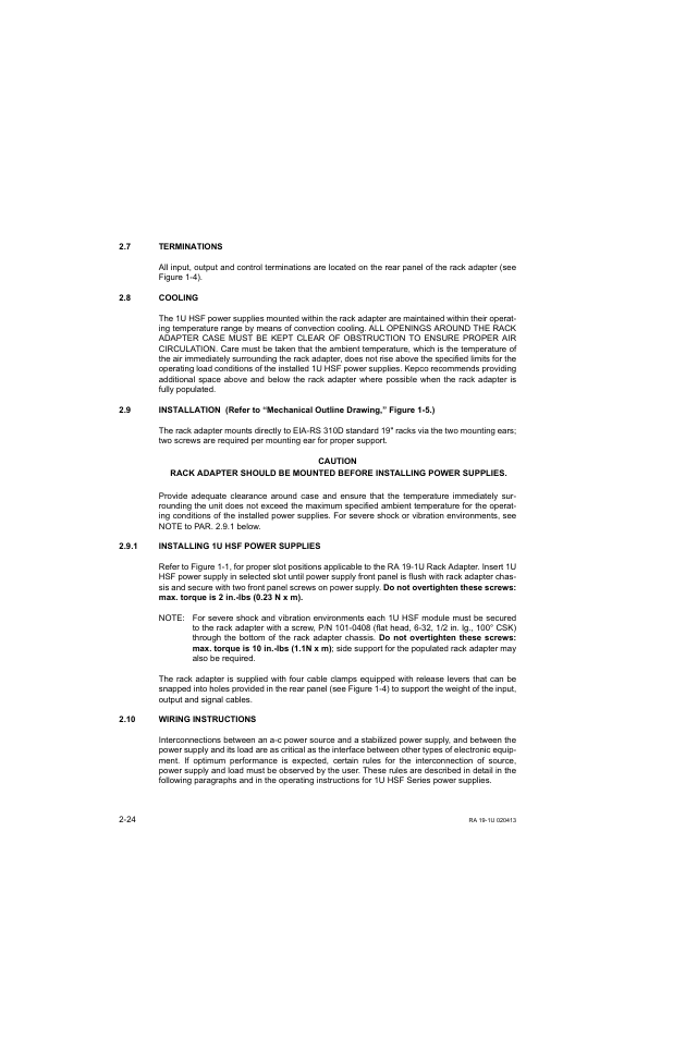 7 terminations, 8 cooling, 9 installation | 1 installing 1u hsf power supplies, 10 wiring instructions, Terminations -24, Cooling -24, Installation -24, Installing 1u hsf power supplies -24, Wiring instructions -24 | KEPCO RA 19-1U Operator Manual User Manual | Page 40 / 44