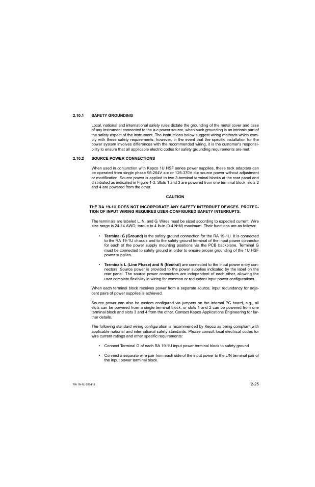 1 safety grounding, 2 source power connections, Safety grounding -25 | Source power connections -25 | KEPCO RA 19-1U Operator Manual User Manual | Page 41 / 44