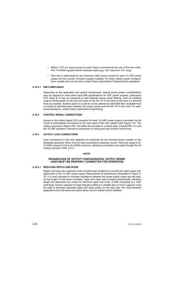 1 emi compliance, 3 control signal connections, 4 output load connections | 1 reducing ripple and noise, Emi compliance -26, Control signal connections -26, Output load connections -26, Reducing ripple and noise -26 | KEPCO RA 19-1U Operator Manual User Manual | Page 42 / 44