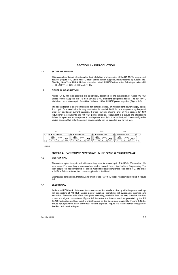 Section 1 - introduction, 1 scope of manual, 2 general description | 3 mechanical, 4 electrical, Scope of manual -1, General description -1, Mechanical -1, Electrical -1 | KEPCO RA 19-1U Operator Manual User Manual | Page 9 / 44