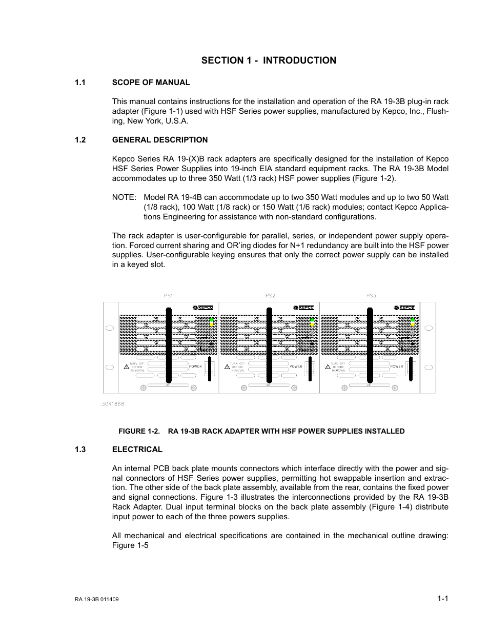 Section 1 - introduction, 1 scope of manual, 2 general description | 3 electrical, Scope of manual -1, General description -1, Electrical -1 | KEPCO RA 19-3B User Manual | Page 11 / 42