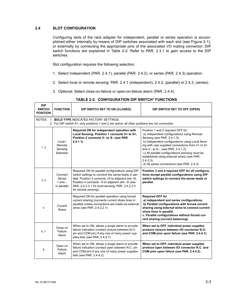 4 slot configuration, Table 2-2. configuration dip switch* functions, Slot configuration -3 | Configuration dip switch* functions -3, R. 2.4) | KEPCO RA 19-3B User Manual | Page 19 / 42