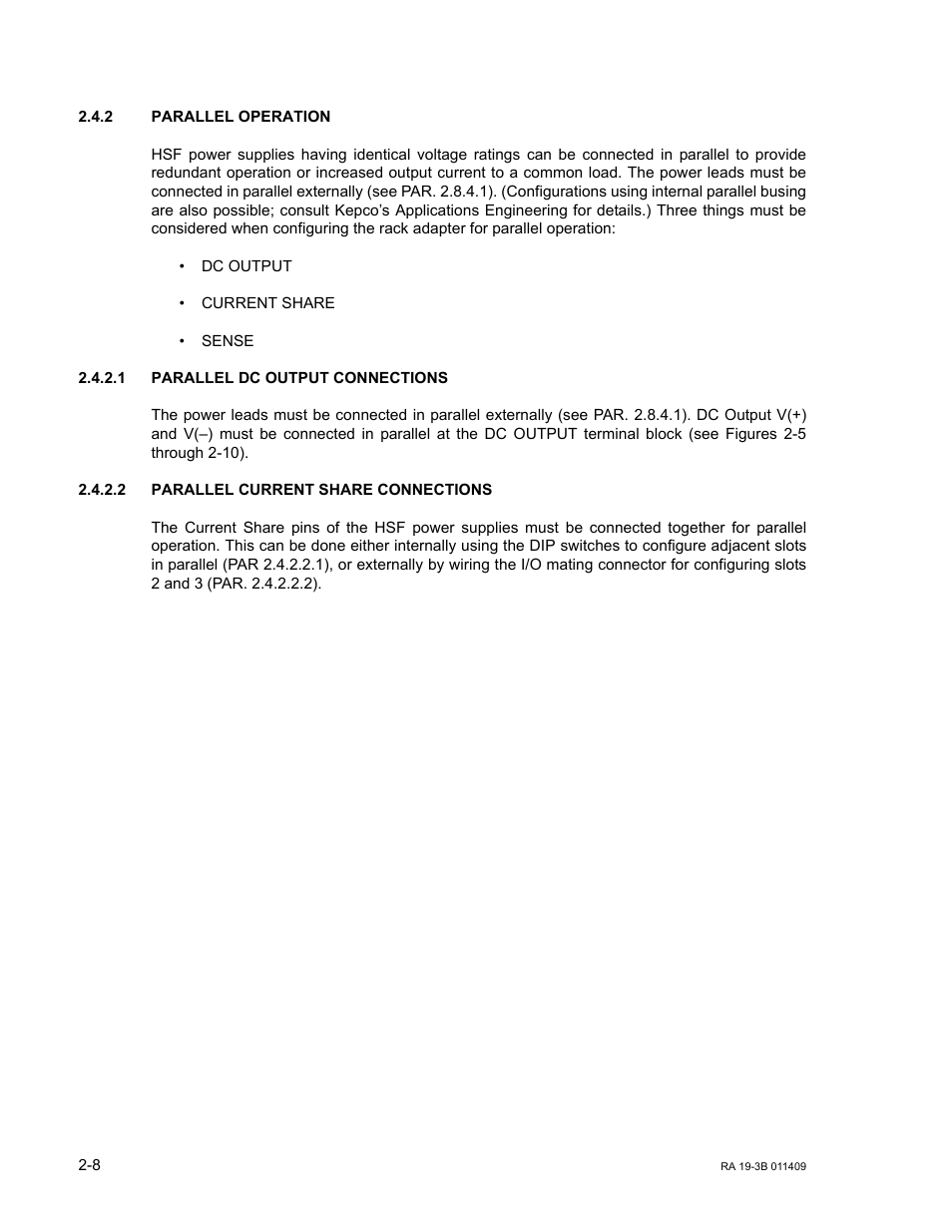 2 parallel operation, 1 parallel dc output connections, 2 parallel current share connections | Parallel operation -8, Parallel dc output connections -8, Parallel current share connections -8, 2, (p | KEPCO RA 19-3B User Manual | Page 24 / 42