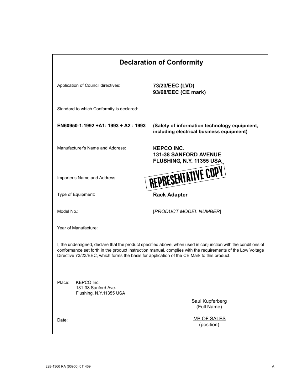 Represent ative cop y, Declaration of conformity | KEPCO RA 19-3B User Manual | Page 3 / 42