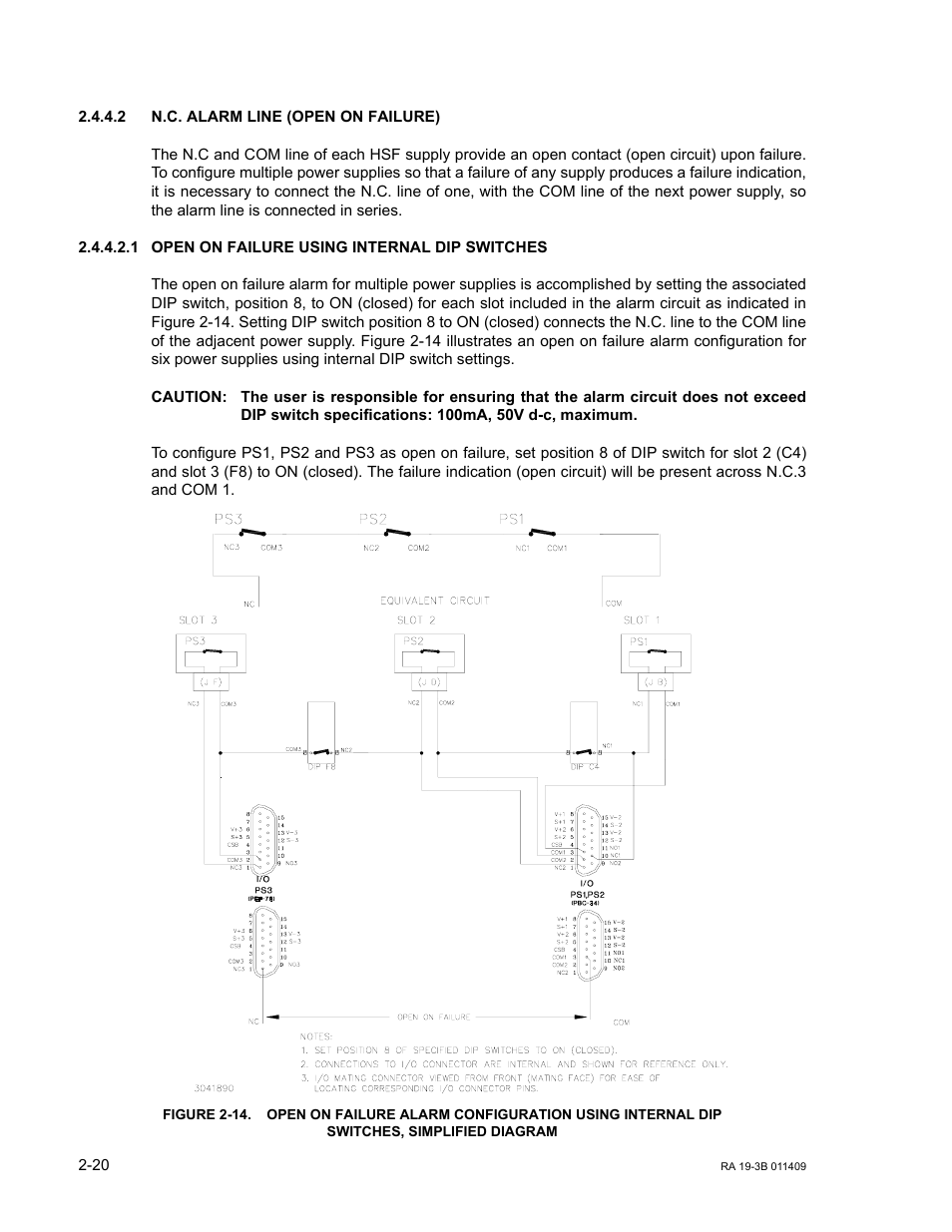 2 n.c. alarm line (open on failure), 1 open on failure using internal dip switches, N.c. alarm line (open on failure) -20 | Open on failure using internal dip switches -20 | KEPCO RA 19-3B User Manual | Page 36 / 42