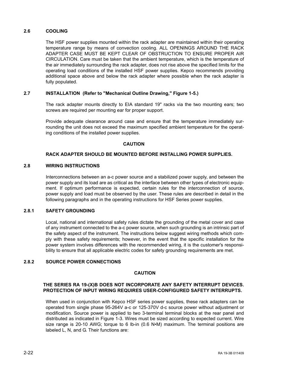 6 cooling, 7 installation, 8 wiring instructions | 1 safety grounding, 2 source power connections, Cooling -22, Installation -22, Wiring instructions -22, Safety grounding -22, Source power connections -22 | KEPCO RA 19-3B User Manual | Page 38 / 42