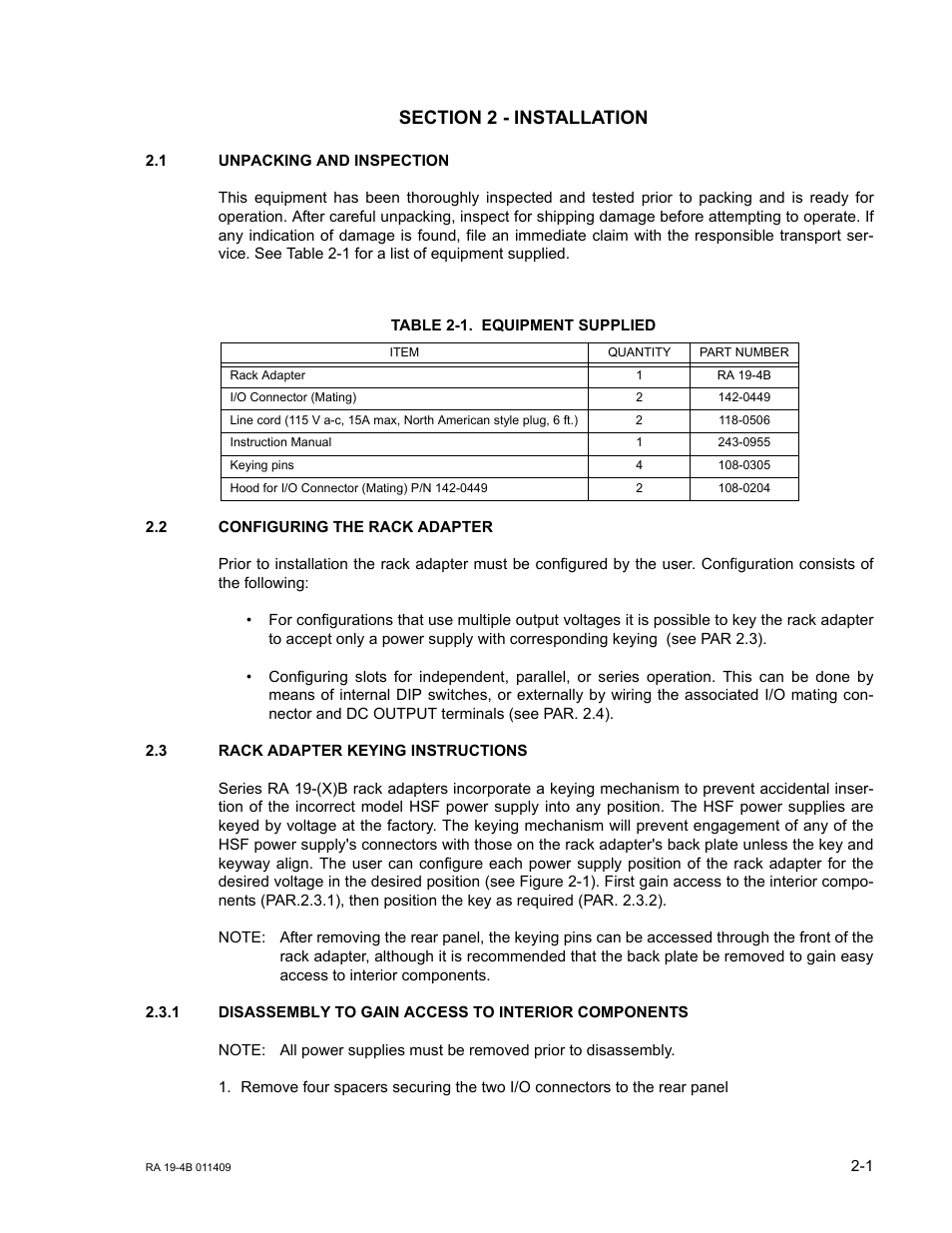 Section 2 - installation, 1 unpacking and inspection, Table 2-1. equipment supplied | 2 configuring the rack adapter, 3 rack adapter keying instructions, Unpacking and inspection -1, Configuring the rack adapter -1, Rack adapter keying instructions -1, Equipment supplied -1 | KEPCO RA 19-4B User Manual | Page 11 / 36