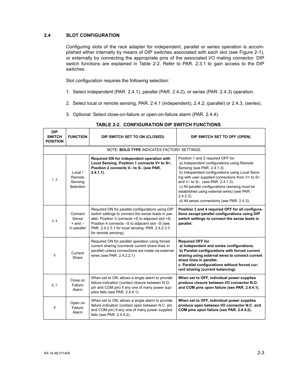 4 slot configuration, Table 2-2. configuration dip switch functions, Slot configuration -3 | Configuration dip switch functions -3, R. 2.4) | KEPCO RA 19-4B User Manual | Page 13 / 36