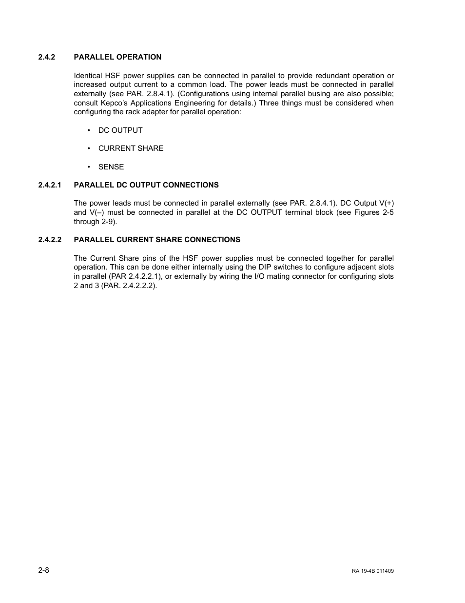 2 parallel operation, 1 parallel dc output connections, 2 parallel current share connections | Parallel operation -8, Parallel dc output connections -8, Parallel current share connections -8, 2, (p | KEPCO RA 19-4B User Manual | Page 18 / 36