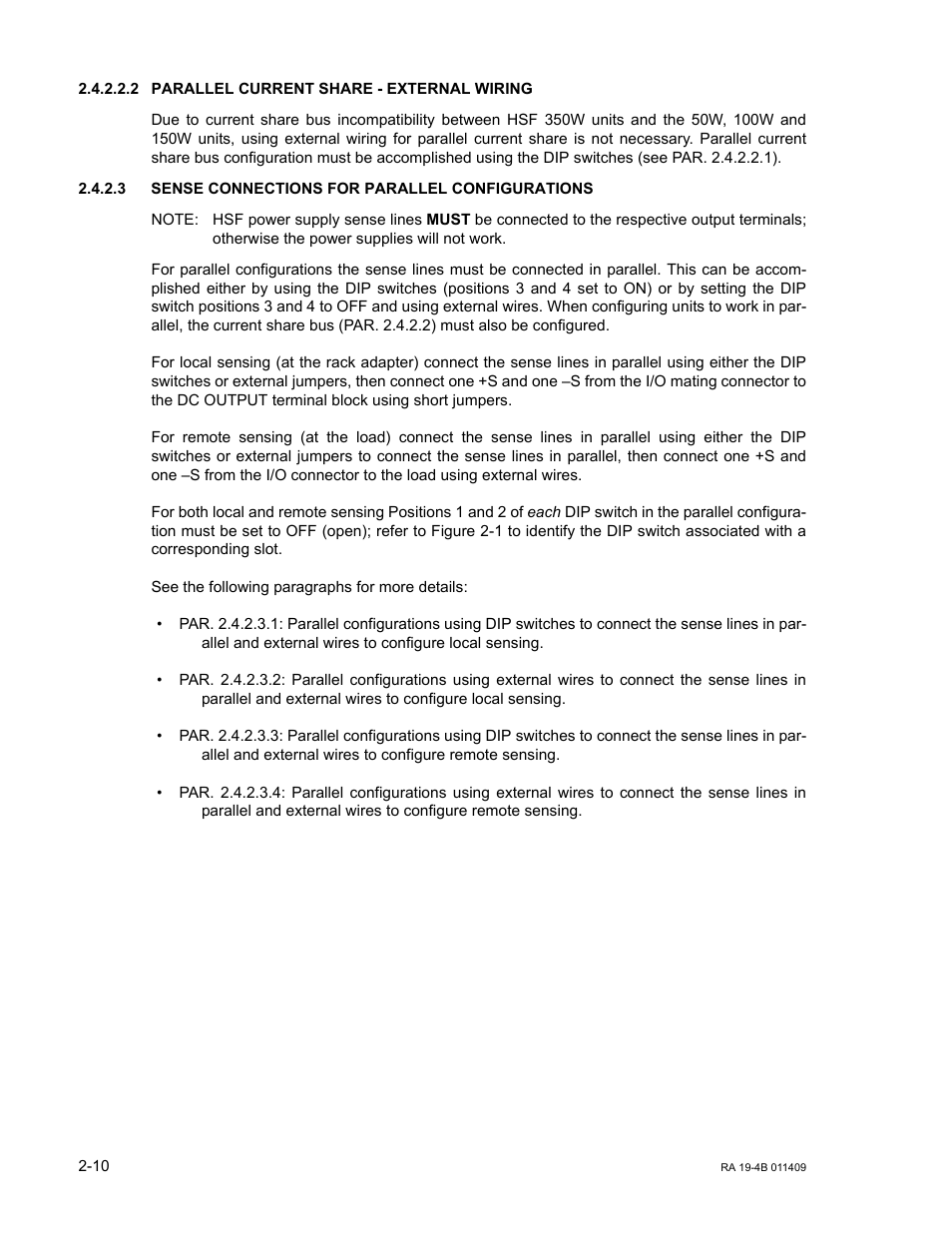 2 parallel current share - external wiring, 3 sense connections for parallel configurations, Parallel current share - external wiring -10 | Sense connections for parallel configurations -10, Ar. 2.4.2.2.2 | KEPCO RA 19-4B User Manual | Page 20 / 36